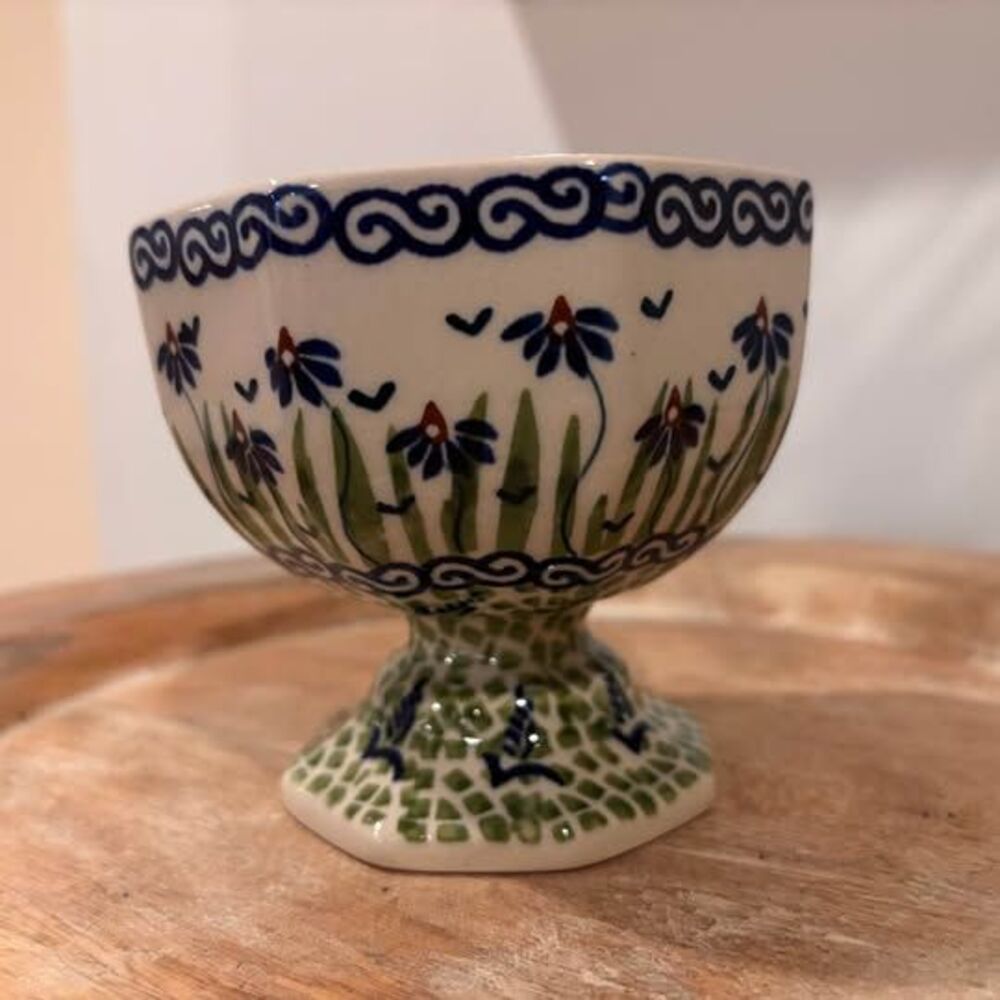Manufaktura Boleslawiec Polish Pottery Footed Bowl Blue Floral